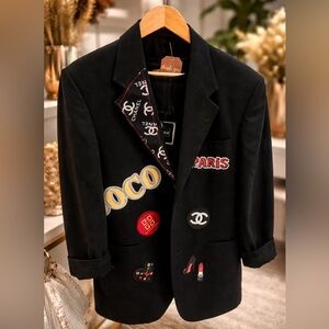 Black Junk Jacket. Embellished Patch Blazer with Multi-Color Logo Accents